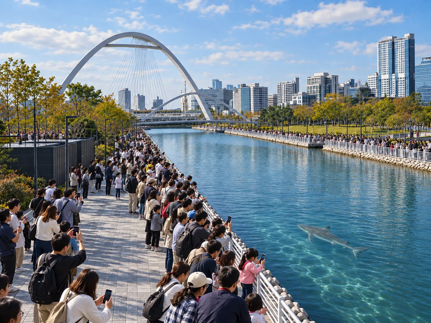 Illustration: holiday crowds lining both railings of the canal while Bukangi swims below
