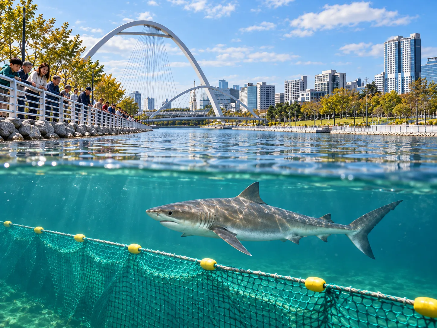 Illustration: split waterline view of Bukangi swimming above the submerged barrier net while visitors watch from the railing