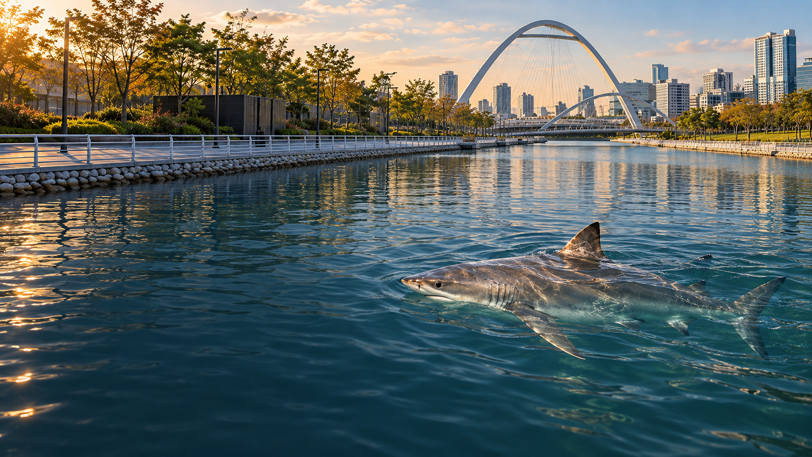 Illustration: Bukangi, a bronze whaler, swimming through the Busan North Port waterway beside the white arch bridge